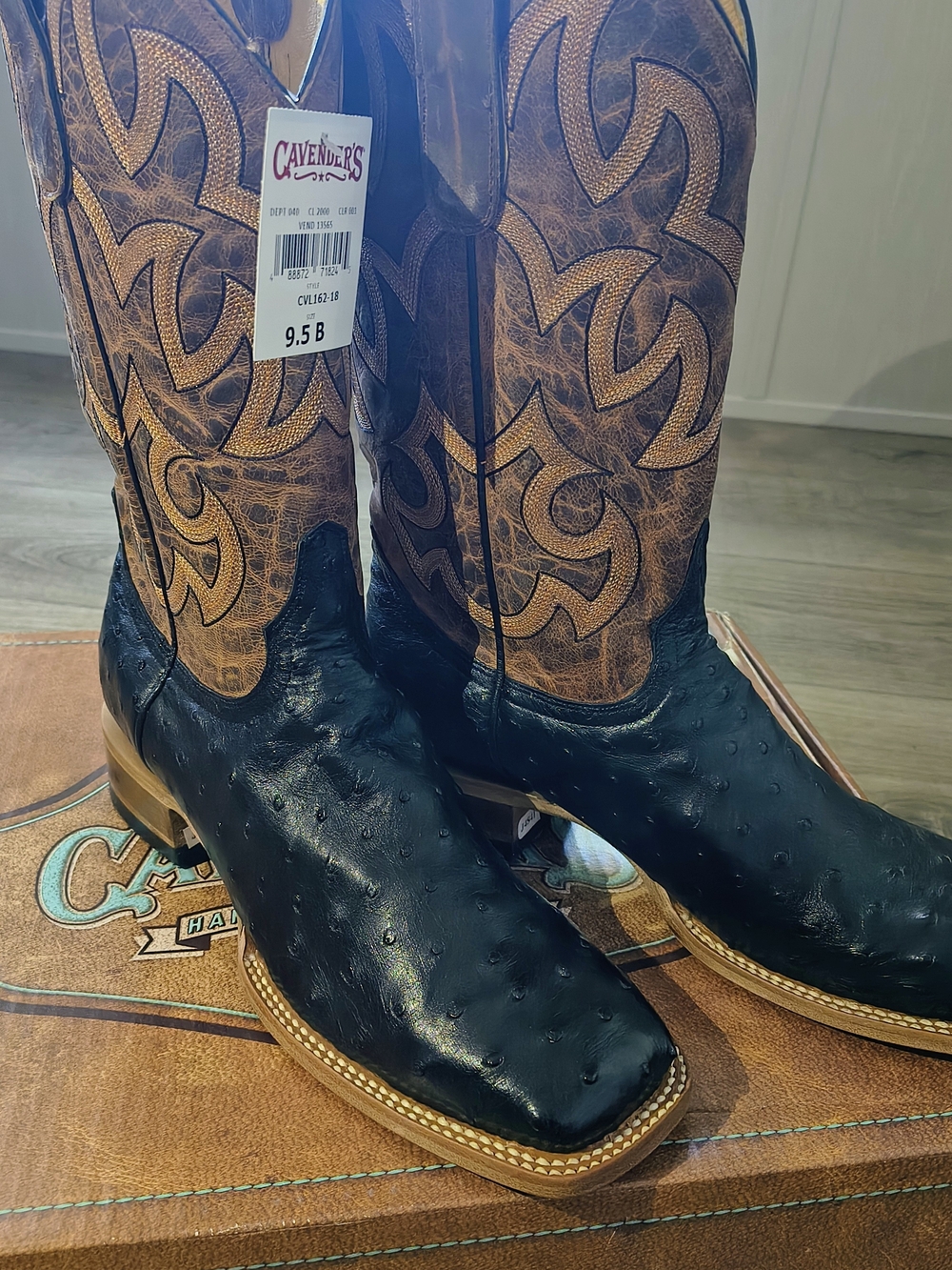 Cavender's Women's Black Ostrich & Brown Embroidered Western Booties